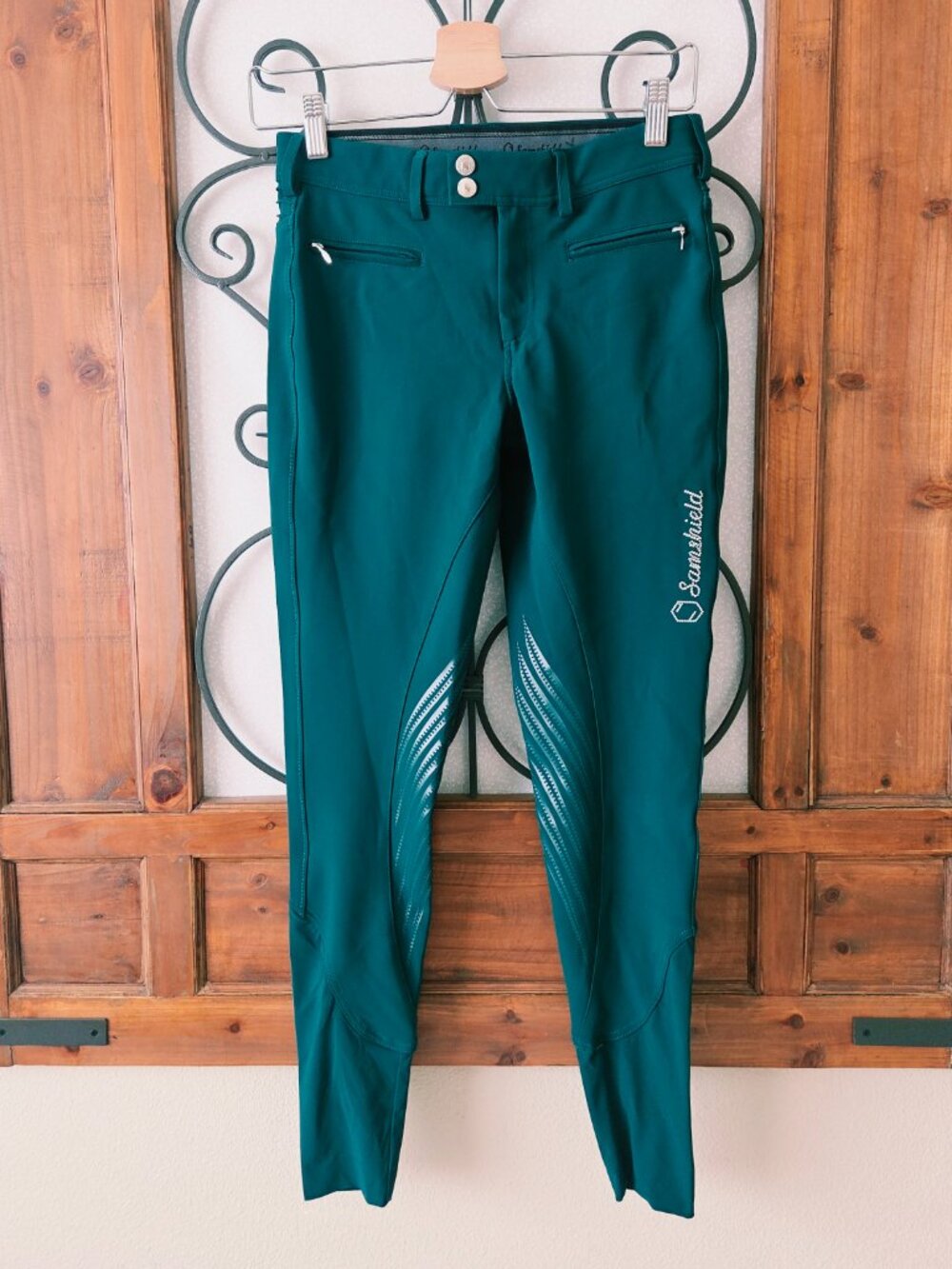 Samshield Adele Riding Breeches Size 24 Teal Pine Green Knee Grip Equestrian